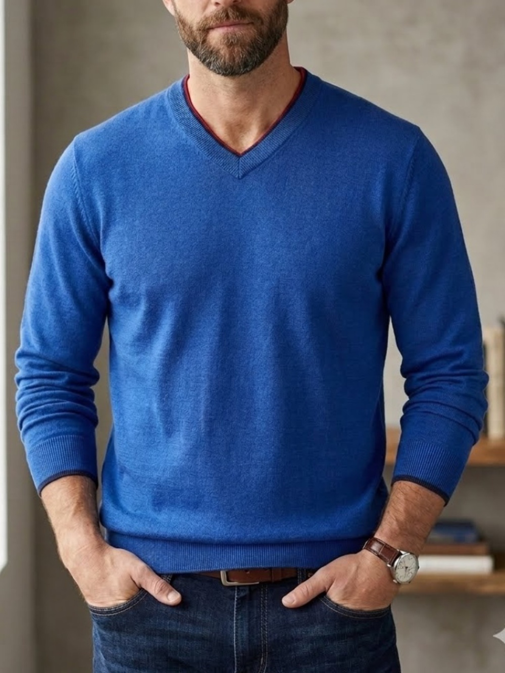 ROBERT GRAHAM ROYAL BLUE WOOL V NECK PULLOVER LONG SLEEVE SWEATER W FLIP CUFFS